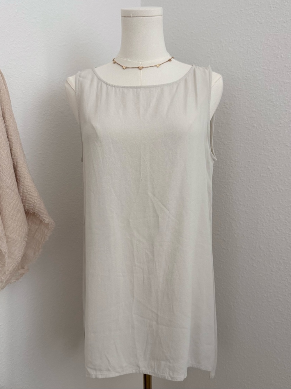 Eileen Fisher 100% Silk Ivory Sleeveless Tunic Tank Top Small